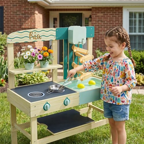 Cocina de juego personalizable para niños al aire libre con depósito de agua y accesorios de madera – Juguete de jardín para niños a partir de 3 años, juguete de exterior con pista de agua, accesorios
