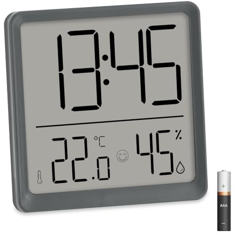 ADE Digitale Uhr mit Temperaturanzeige | Badezimmeruhr mit Luftfeuchtigkeitsmesser | perfekt als Baduhr, Küchenuhr, für Schlafzimmer | mit Wecker und Snooze-Funktion | mit Batterie | grau