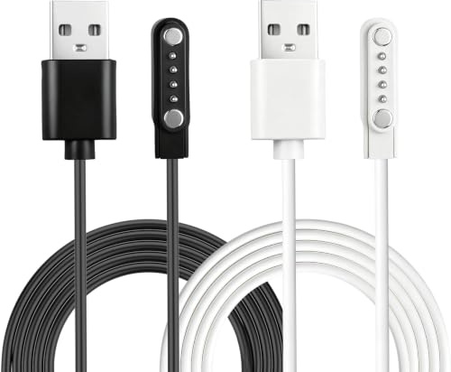 OddMart Chargeur Montre Connectée Magnétique 4 Broches 7.62mm Espacement | Connecteur à 4 Pôles USB Câble Remplacement Universel pour Smartwatch Enfant aux Trackers d'activité (1 Noir 1 Blanc)