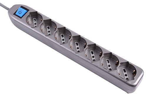 Electraline 62015 Multipresa 7 Posti Polivalenti con Interruttore e Cavo, Argento, 1.5 m
