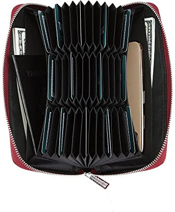 Cynure Damen 36 Fächer RFID-Schutz Kartenhalter Kreditkarten Etuis Große Lange Leder-Reißverschluss-Organizer Akkordeon Geldbörse Portemonnaie, Dunkelrot