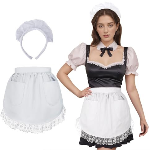 aspire Weiß Halbschürze mit Spitze Damen Schürze Vintage Kellnerschürze Taillenschürze und Stirnband Set
