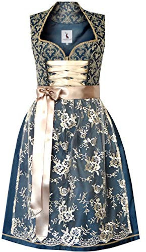 Alpenmärchen Midi Dirndl Belle aus Exklusiver Kollektion inkl. Spitzenschürze Gr.32-54 - ALM660, Blau-gold, 48