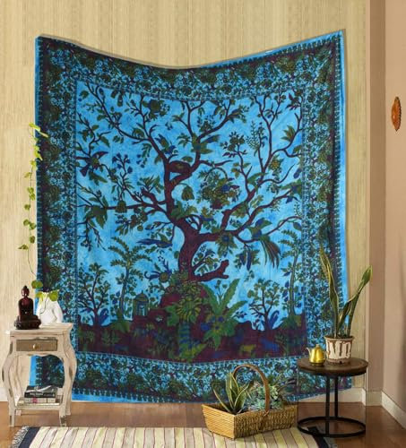 THE ART BOX Wandteppich Türkis Baum des Lebens Wandbehang Psychedelische Wandteppiche Indische Baumwolle Twin Tagesdecke Picknickplatte Wanddekor Decke Wandkunst (Twin, 82x54 Zoll)