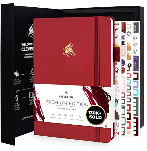Clever Fox Planer Premium Edition - Luxuriöser Wochen & Monatsplaner zur Produktivitätssteigerung und zum Erreichen Ihrer Ziele - Organizer - Undatiert, Start jederzeit möglich, A5 - Rot