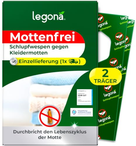 Legona Schlupfwespen gegen Kleidermotten, 2 Träger, 5 Lieferungen | 15 Wochen Komplettkur gegen Motten in Kleiderschrank, Schubladen, Wollkleidung und Textilien