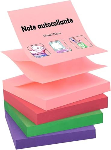 ZCZN Z-Notes, 76 x 76 mm Klebezettel, 4 Blöcke Haftnotizen, 100 Blatt pro Block, farbige Haftnotizzettel, 4 Farben (Rot, Grün, Rosa, Violett)