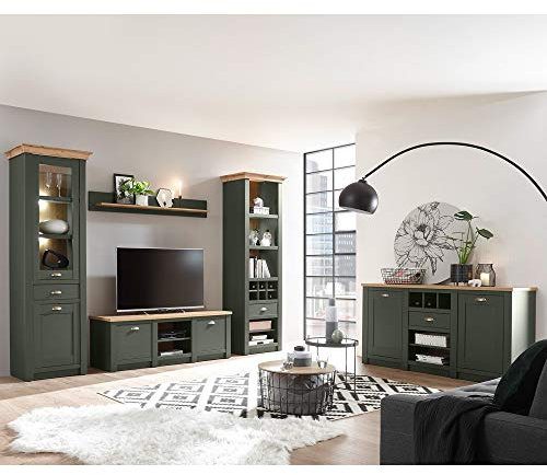 Lomadox Landhaus Wohnwand Set mit Anrichte, grün mit Wotan Eiche, mit Beleuchtung, Regalschrank, Standvitrine, TV-Lowboard, Wandregal und Sideboard
