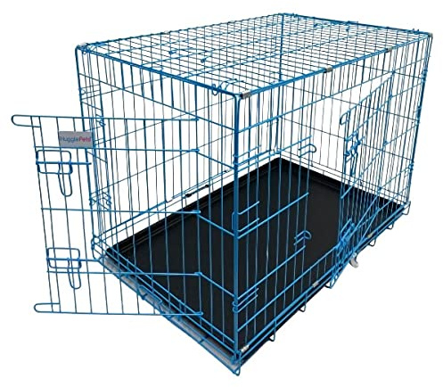 HugglePets Extra Small Dog Crate - Blue. Lockable Dog Crate & Puppy Pen with Removable Plastic Tray. Lightweight, Foldable Cage for Travel, Car, Indoor or Outdoor Use