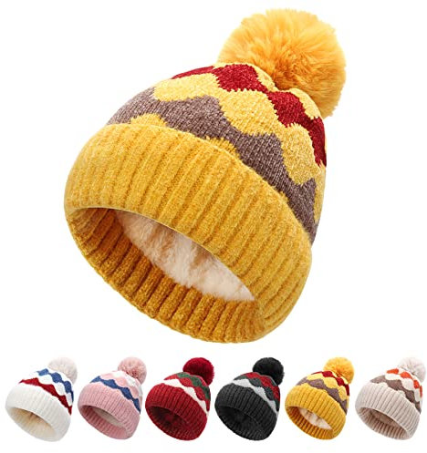 BLURBE Bommelmütze für Damen – Beanie-Mützen mit Fleecefutter, gestrickte Wollmützen für den Winter, Zopfmustermützen für Damen mit Kunstfell-Bommel