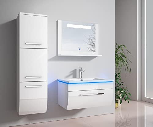 Badmöbelset Hochglanz Weiß - Badezimmermöbel Badmöbel Set mit Waschbecken - Vormontierte Komplettprogramme für Badezimmer - Bademöbel Angebot Doppelwaschbecken mit Waschbeckenunterschrank