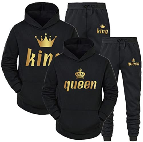 Minetom Pärchen Sportanzug King Queen Pullover Kapuzenpullover Hoodie Valentinstag Liebespaar Couple Jogginganzug Oberteile und Hose Set für Paare Schwarz Queen M