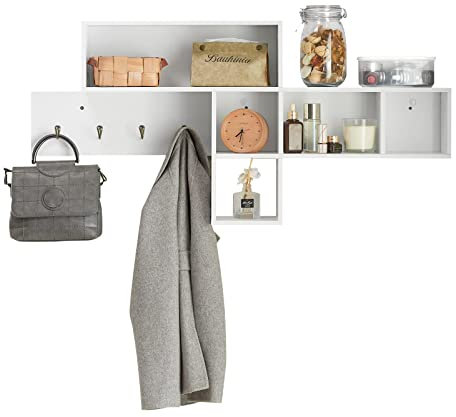 SoBuy FHK17-W Wandgarderobe mit 5 Fächern und 4 Haken Flurgarderobe Kleiderhaken Wandregal Hängeregal Garderobe weiß BHT ca.: 110x53x15cm