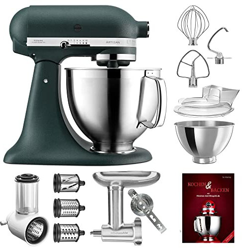 KitchenAid Küchenmaschine Artisan - P23 Vario Set Deluxe 185er (NM) - 5KSM185PSEPP inkl. Gemüseschneider (5KSMVSA), Fleischwolf Ganzmetall (5KSMMGA) und Kochbuch (Kochen & Backen)