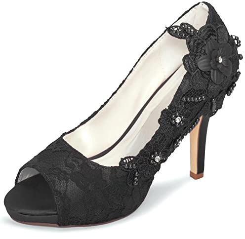 Emily Bridal Wedding Shoes Lace Wedding Shoes Lace Peep Toe High Heel Bridal Shoes (EU40/UK7, Black)
