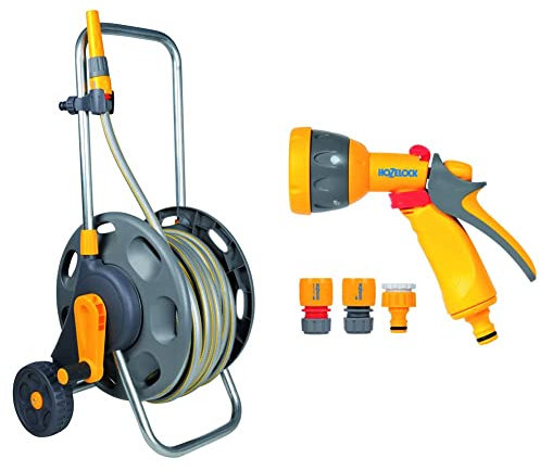 Hozelock 2435 0000 60m Assembled Hose Cart with 50m Hose, Multicolour & Hozelock Ltd 2347 0000 Multi Spray Watering Gun Starter Set, 205.0 mm*230.0 mm*260.0 mm, Multicolour