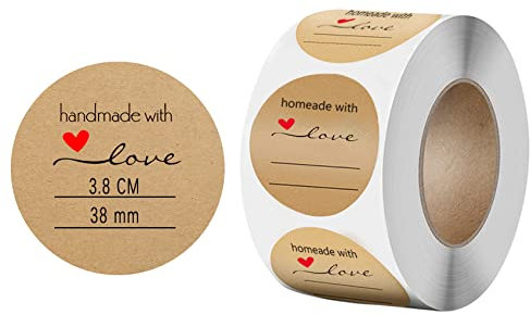 Jaimela 500 Stück Kraftpapier Aufklebe, Runder Aufkleber, Handgemachte Aufkleber Label, Selbstklebender Aufkleber für Backen Geschenktüten Karte Briefumschlag Hochzeit (Durchmesser 38mm)