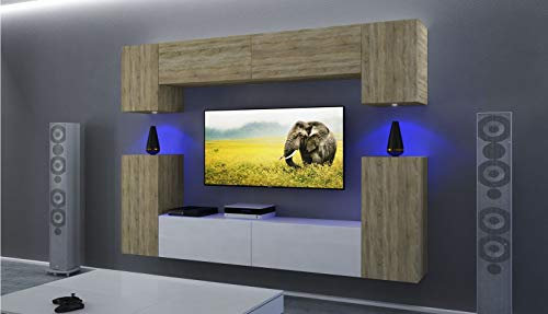 Furnitech Wohnwand Wohnzimmer | Wohnzimmer Möbel mit LED Blau | Hängend Wohnwand Modern | Wohnzimmer Schrankwand mit Regale und TV Schrank (AN43-17SW-HGM46 1A)