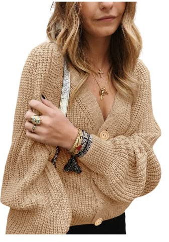 HEYPORK Damen Herbst Winter Warm Bequem Pullover Casual Mode Strickjacke Strickpullover Frauen Einfarbiger Pullover Cardigan Gekürzte Strickwaren(Khaki, L)