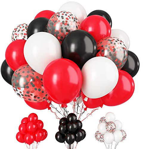 Paready Red and Black Latex Balloons, 30 Pcs 12 Inch White and Red Black Confetti Balloons with Ribbons for Baby Shower Casino Theme Party Birthday Graduation Poker Card Theme Decorations Supplies