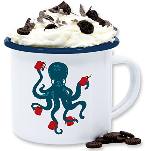 Emaille Tasse Blechtasse - Statement - Kaffee Octopus Krake Coffee - 300 ml - Weiß Blau - statements oktopus tassen frohes neues jahr new year mit