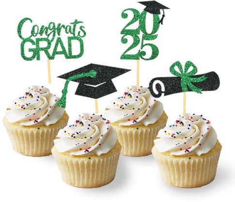 24 Stück Glitzer 2025 Graduation Cupcake Toppers, Abschlussfeier Cupcake toppers, Bachelor Hut Deko, Abschluss Deko für Graduation Abschlussparty Dekoration (schwarz & grün)