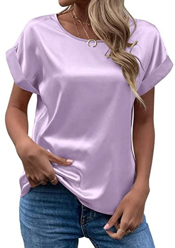 CGGMVCG Damen Sommer Tops Frühling Sommer Damen Kurzarm Seide Satin Hemd Lose Casual Rundhals Blusen, Helles Lila, Groß