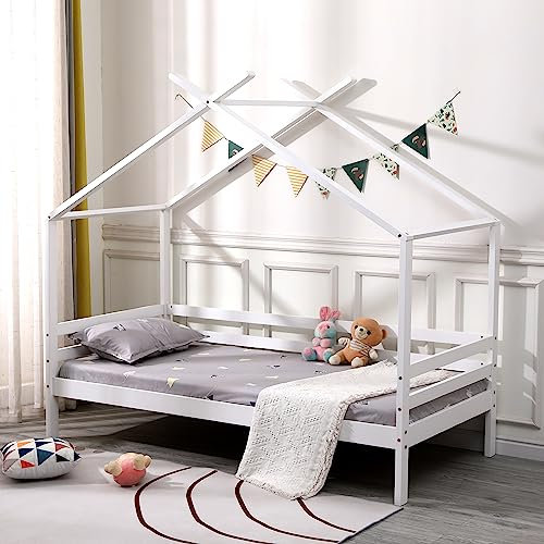 SlumberWorx Teddy Kids Wooden House Treehouse Single Bed Frame In White/Grey & Optional Guest Trundle & Mattress (White No Guest Trundle, 1 x 10cm Comfort Foam Mattress)