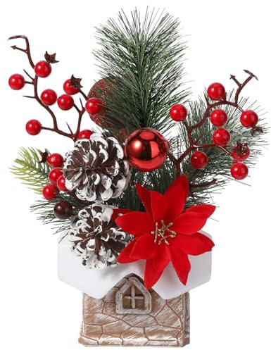 Hatisan Kleiner Weihnachtsbaum, künstlicher Weihnachtsbaum mit Weihnachtsschmuck, Tannenzapfen, Beere, Tisch-Weihnachtsbaum für Weihnachtsdekorationen, Zuhause, Zimmer, Party, Winter, drinnen und