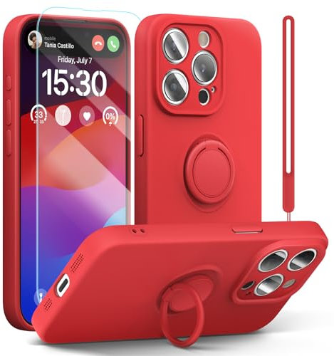pcgaga Silicone Phone Case for iPhone 15 Pro with Screen Protector [Ring Holder Stand] [Wrist Strap] [Microfiber Lining] Slim Shockproof Protective Cover, 6.1,Red