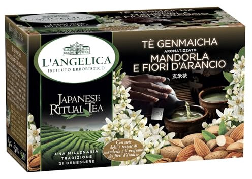 L'Angelica Tè Verde Genmaicha con Mandorla e Fiori di Arancio, Te Verde Giapponese con Ingredienti Naturali, Infusi e Tisane, 10 Confezioni da 15 Filtri