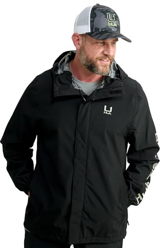 HUK Mens Storm Jacket, Heavy Duty Fishing Rain Coat, Black, XX-Large