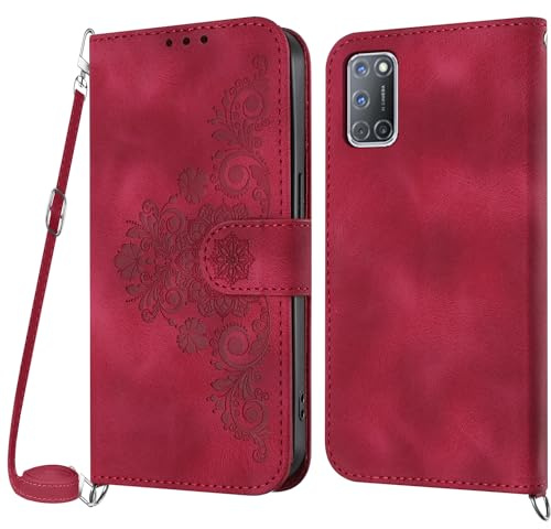 NETANY Handykette Hülle für Oppo A52 / A72 / A92, Handyhülle Oppo A52 / A72 / A92 Hülle mit Kette Klappbar, PU Leder Necklace Klapphülle und Umhängeband Lanyard Flip Schutzhülle mit Band (Rot)