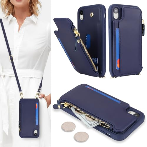 SailorTech Custodia per iPhone XR in Pelle Portafoglio con porta carte di credito, Cover per iPhone XR Cellulare Regolabile Collana con slot per carte di credito - Blu