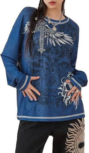 RWYBEYW Y2K Fairy Grunge Skull Shirts for Women Teens Girls Punk Graphic Baggy Tee Shirts Tops Halloween Clothes (Blue Long Sleeve, M)