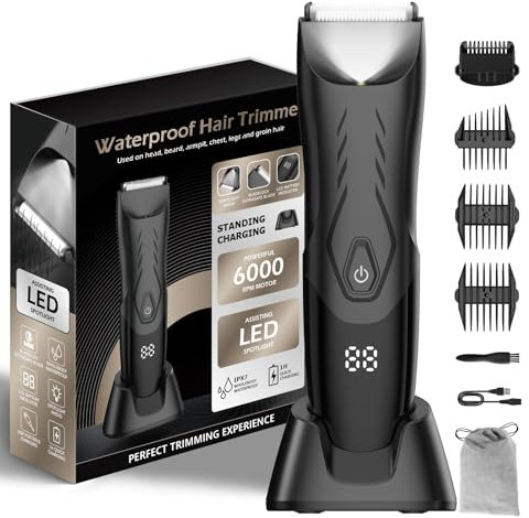 ENSSU Body Hair Trimmer for Men,Pubic Groin Hair Trimmer for Men with Safe Blade,Cordless Ball Shaver w/Light,Charging Dock,Waterproof Body Groomer for Man,LED Display,1H Quick Charge,Black