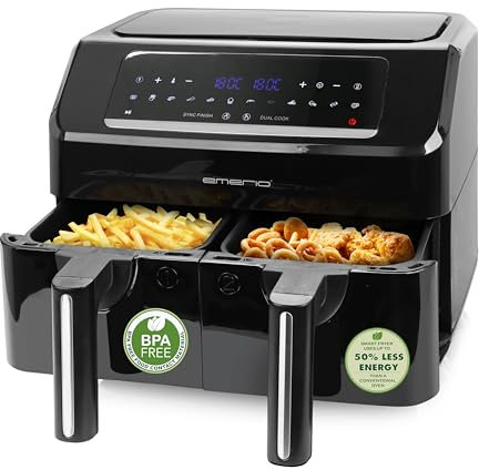 Emerio digitale DOPPEL Heißluftfritteuse AirFryer Frittieren mit heißer Luft ohne zusätzliches Öl 2x 3.6L Volumen 12 Programme BPA frei SYNC FINISH Funktion (beide gleichzeitig fertig) AF-130376.1