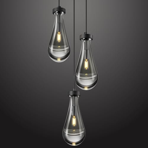 ZYBWL Suspension noire Raindrop à 3 ampoules - Pour cuisine, île - Cristal transparent - Verre massif - Lustre moderne pour salle à manger, véranda, couloir, salon - Culot E27