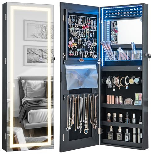 COSTWAY 3-Color LED Lights Jewellery Cabinet, Door Hanging/Wall Mounted Jewelry Armoire with Full Length Mirror and Large Storage, Bedroom Lockable Cosmetics Jewellery Organiser Unit (Black)