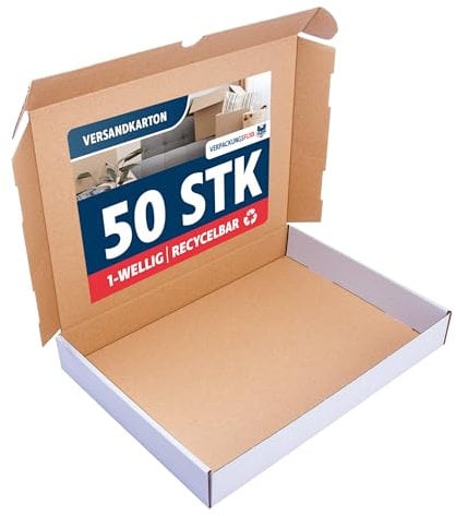 VERPACKUNGSFUXX Maxibriefkarton 350 x 250 x 50 mm weiß | 50 Stück DIN A4 Versandkarton für Warensendungen | Verpackungsmaterial 35x25x5 cm BüWa Karton DHL geeignet
