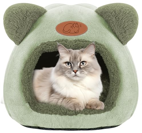 TUAKIMCE Cat Bed for Indoor Cats, Cat Cave Kitten Bed Igloo, Kitten Tent House with Removable Washable Pillow Cushion, Warming Fluffy, Foldable Portable Pet Bed Ideal for Cats and Puppy (Green)