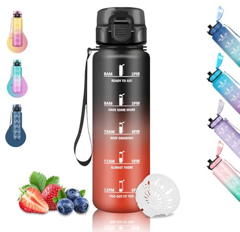 Gourde 1l, Gourde Sport, Gourde GraduéeAnti-Fuite, Gourde Motivation avec Slogan de Motivation, Gourdes de Camping et Randonnée, Facile à Nettoyer, pour Fitness, Yoga, Extérieur, Running, Noir-Rouge
