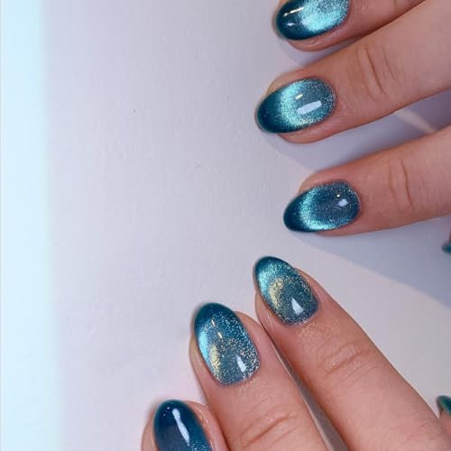 Glitter Green Blue False Nails Short, SXVME Cat Eye Press on Nails Medium Short Oval, Sparkly Shiny Fake Nails With Design, Cute Bling Short Almond Stick on Nails for Women Party Holiday Wear, 24 Pcs