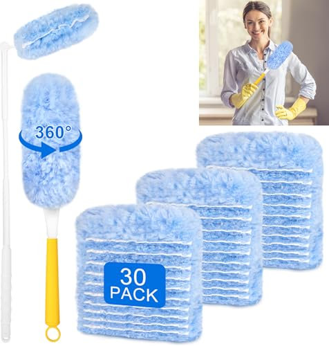 30 Stück Duster 360° Staubmagnet Nachfüllpack Mit Einweg Staubwedel Mit 2 Handgriff Staubfänger Staubwedel für Allergene Tierhaare Reinigung Gegen Staub