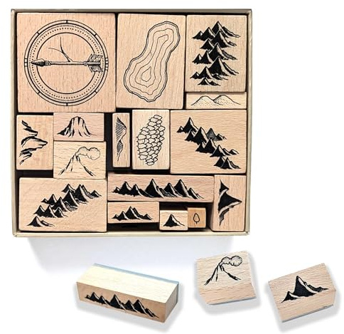 Lord Of Maps Fantasy Map-Making Stempelkit - 16-teiliges Gummistempel-Set für TTRPG und Weltbau - Berge, Hügel, Vulkan, See, Kompassrose