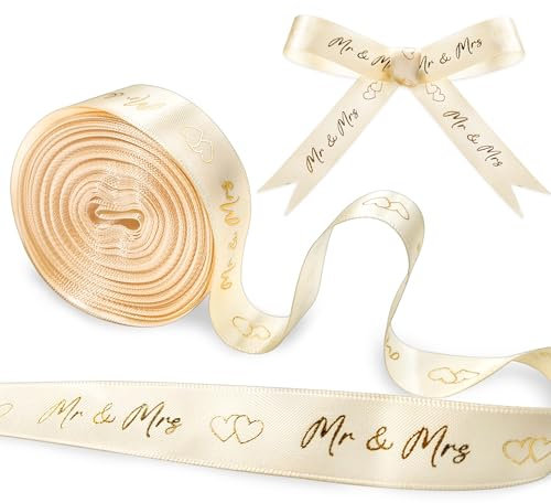 Hochzeit Deko Schleifenband 10 m x 15 mm – Mr & Mrs Geschenkband für Hochzeitsgeschenke, Hochzeitsalbum und Brautstrauß – Goldene Hochzeit Dekoband mit Herz (Gold)