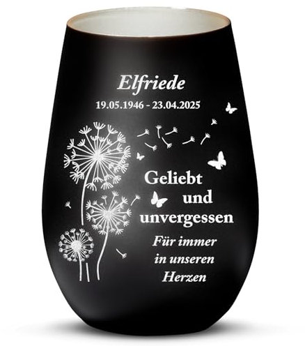 Love Faith - Unvergessen - Personalisiertes Trauerlicht als Andenken an Verstorbene - Windlicht, schwarz & Silber