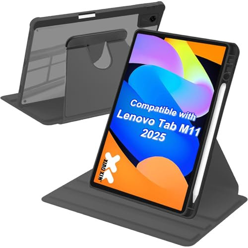 A-BEAUTY Custodia Rotante Compatibile con Lenovo Tab M11 11 Pollici 2025 con Portapenna, Rotazione a 360 Gradi Supporto Trasparente Cover, Auto Svegliati/Sonno, Nero