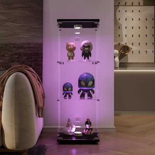 Glasvitrine Stehend, Vitrinenschrank mit LED und Schloss, Sammlervitrine, 3-Lagen Standvitrine, Vitrine für Sammler, Bücher, Wein, Büro, Wohnzimmer (Schwarz, 125 x 42 x 36 cm)