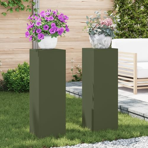Teenpull 2er-Set Outdoor Pflanzsäulen, 24x24x75 cm, aus robustem olivgrünem Stahl, für Garten, Terrasse und Balkon